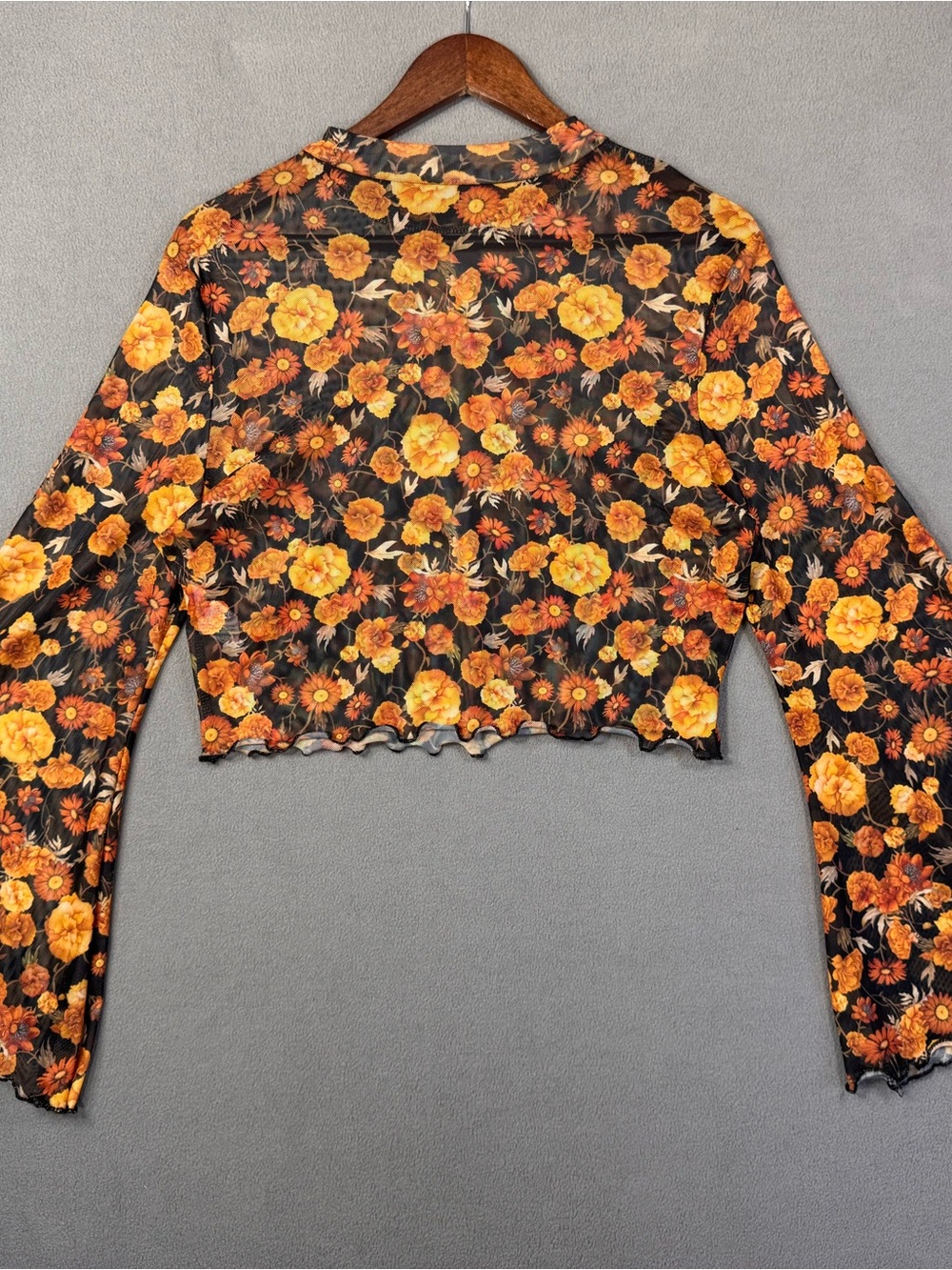 Boho Sheer Floral SheerLong Sleeve Crop Top Black with Orange Yellow Flowers, XL - Picture 5 of 14